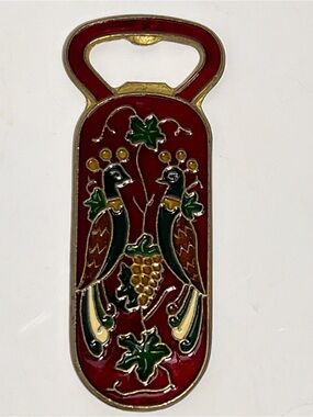 VTG Bronze Enamel Cloisonne Bottle Opener Twin Peacocks Greece